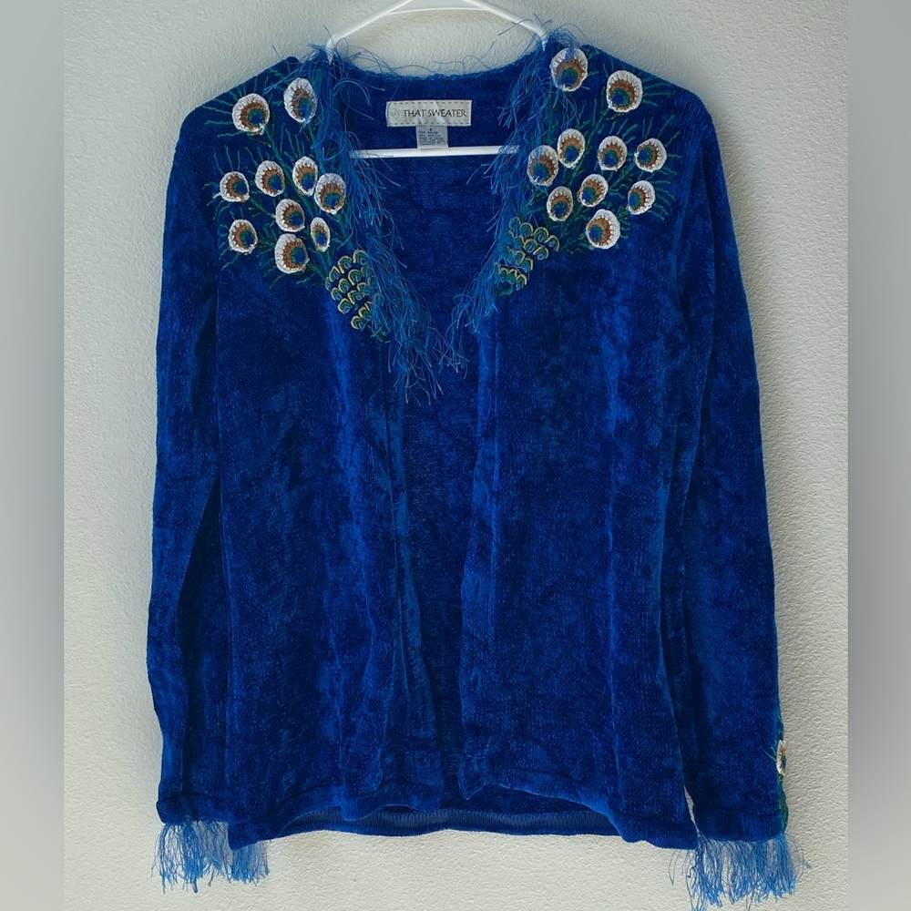 Blue embroidered peacock detailed cardigan sweater with embroidered sleeve cuffs